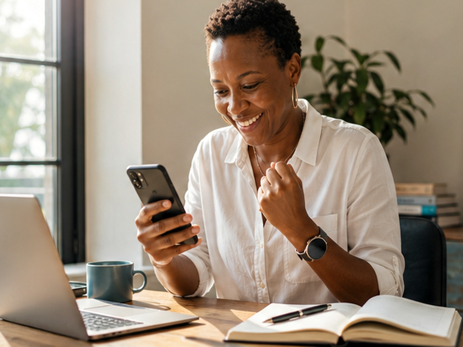 Business owner celebrating good news on her phone