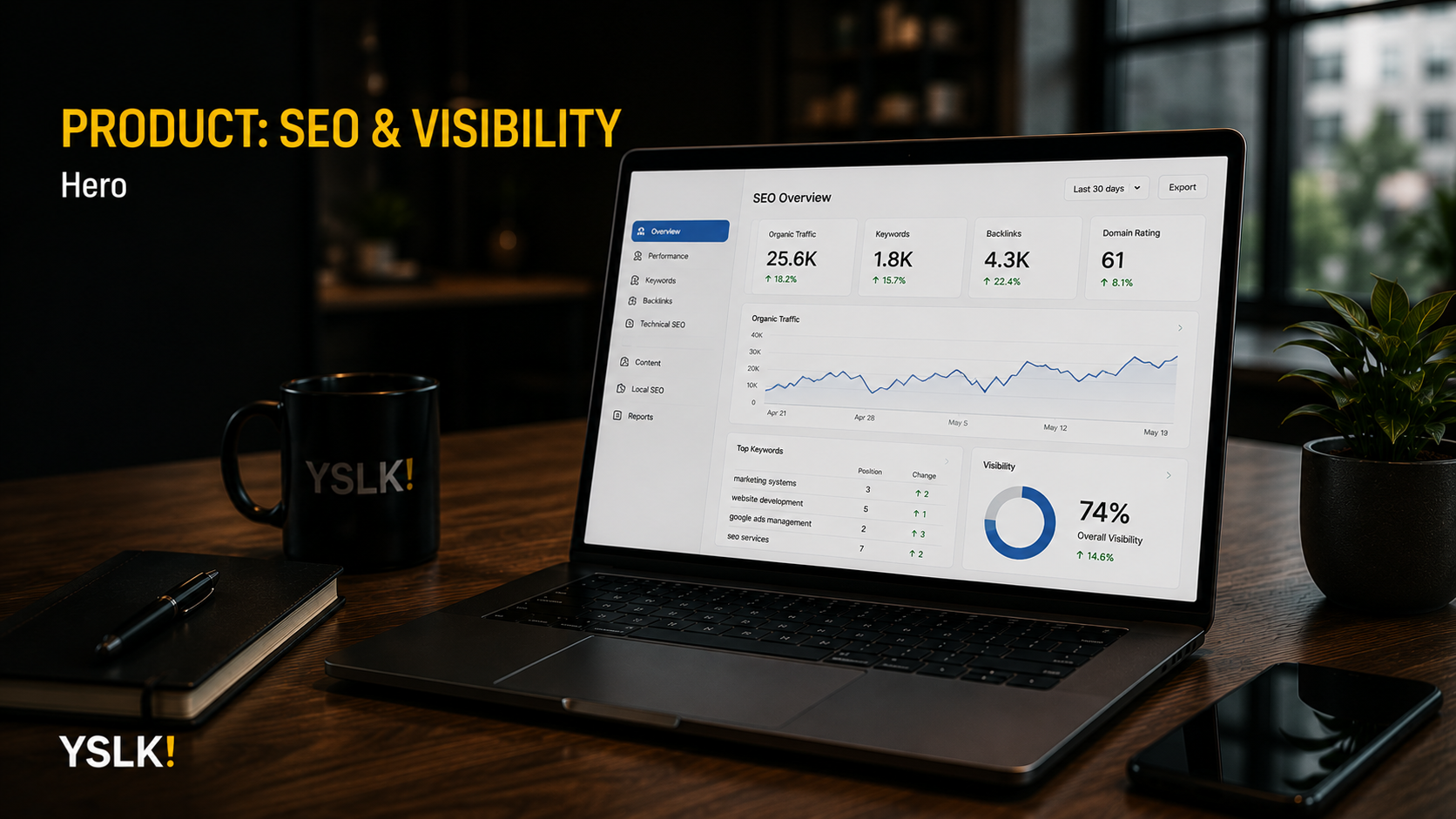 SEO visibility dashboard displayed on a laptop