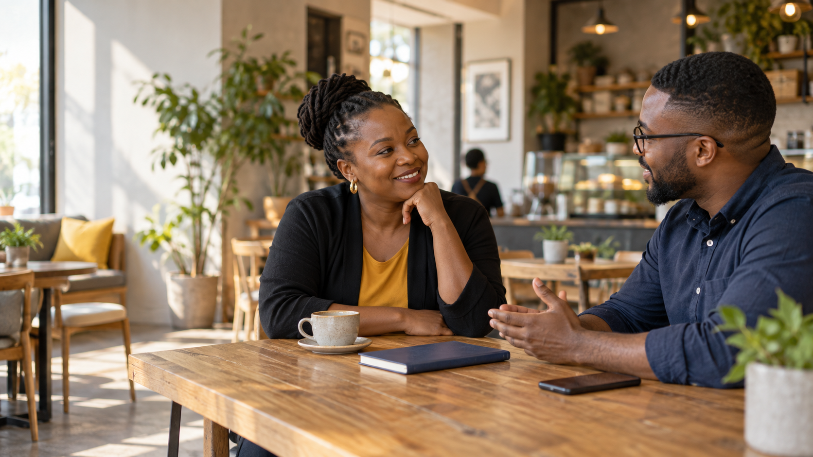 Two South African professionals having a relaxed conversation in a welcoming workspace